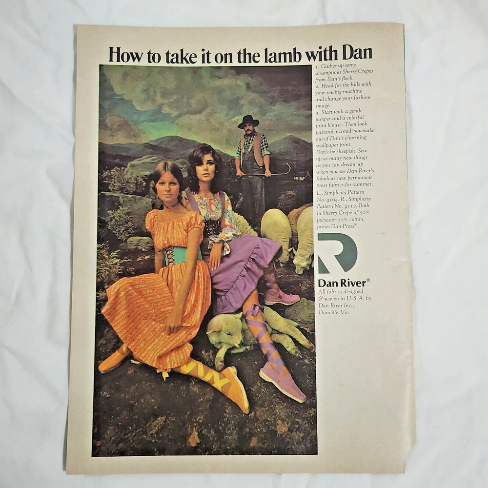 Vintage 1971 Dan River Print Ad Sherry Crepes Lamb Shepherd Fashion Clipping